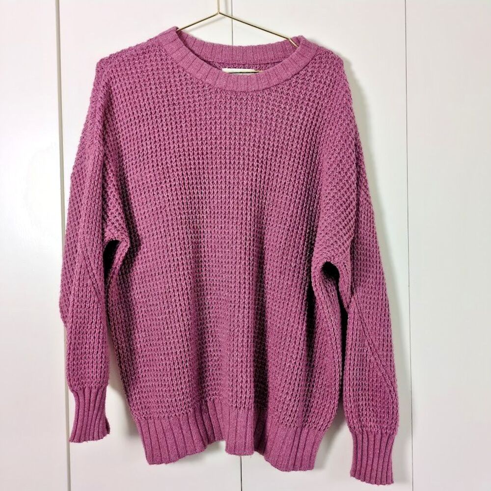American Eagle Women S Mauve Oversize Crew Neck Long Sleeve Waffle Knit Sweater